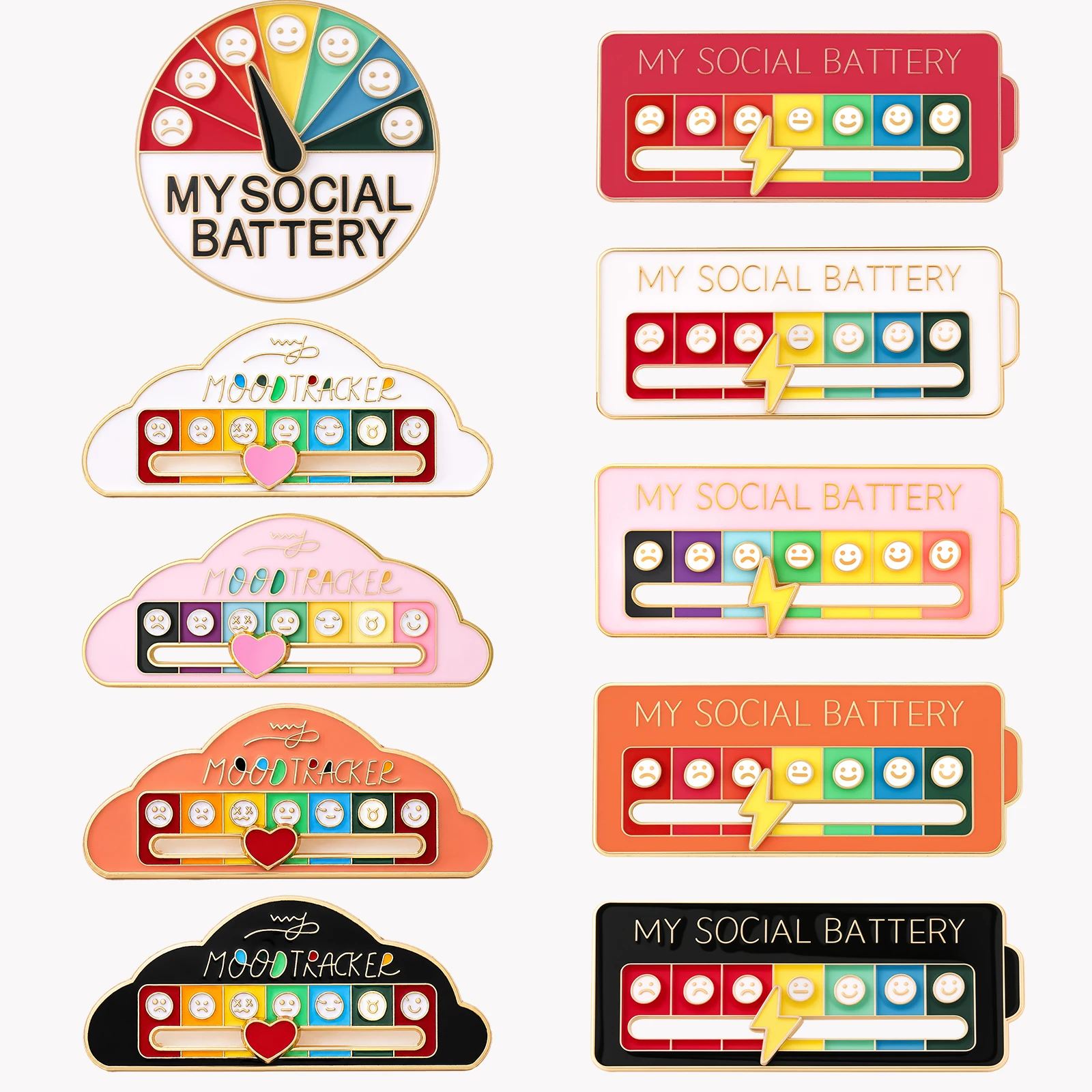 FTCY 10 PCS Mixed My Social Battery Pin For Women Men  Slideable State Mood Conversion Energy Brooch For Back To School Season