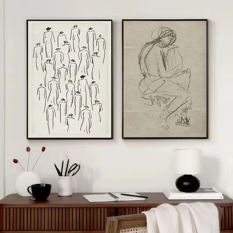Vintage Female Figure Sketch Fine Line Abstract Neutral Tree Landscape Poster Canvas Painting Wall Pictures Home Interior Decor