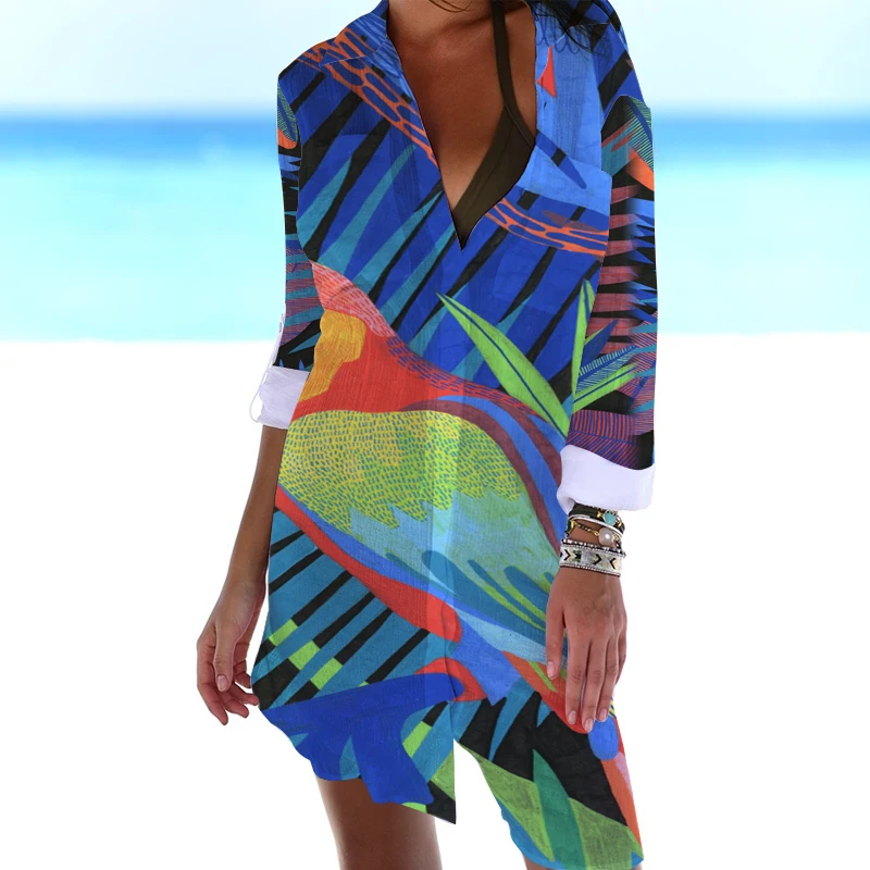 Summer new 3D color printed shirt dress Floral Beach sexy shirt jacket shirt long sleeved women\'s tank top dress