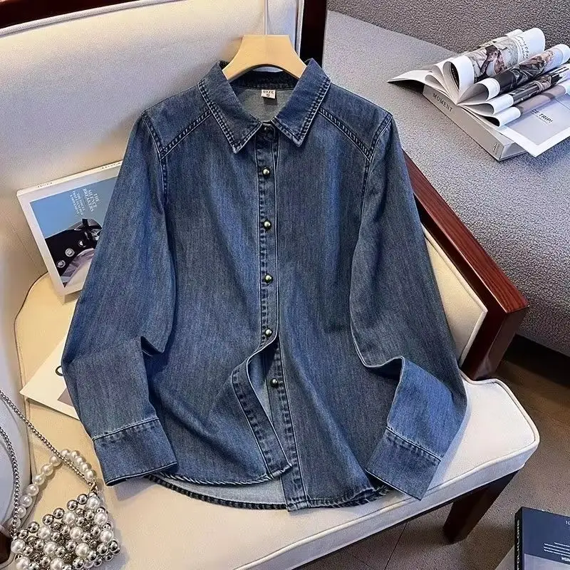 

2025 Новая модная осенняя корейская джинсовая блузка, женская однобортная джинсовая рубашка с длинным рукавом, пальто, женское ковбойское пальто, топ