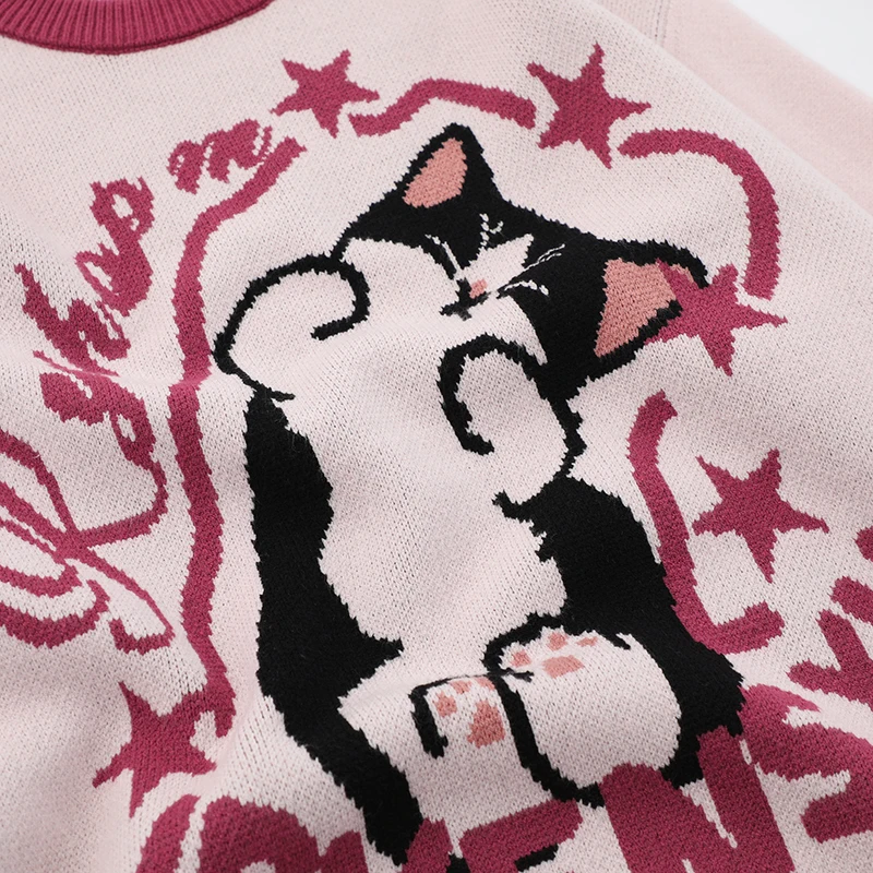 Harajuku Vintage Cute Cat Graphic Sweater Women\'s Winter Y2K Oversized Knitted Pullover Pink Stars Anime Ugly Sweater Grandpa