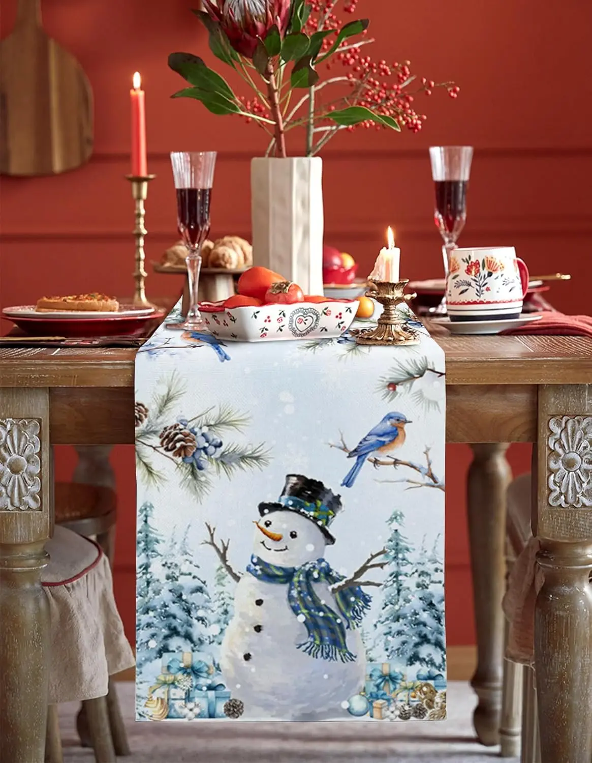 Christmas Snowman Bird Xmas Tree Snowflake Linen Table Runner Dresser Scarf for Winter Xmas Party Decor Navidad Decorations 2025
