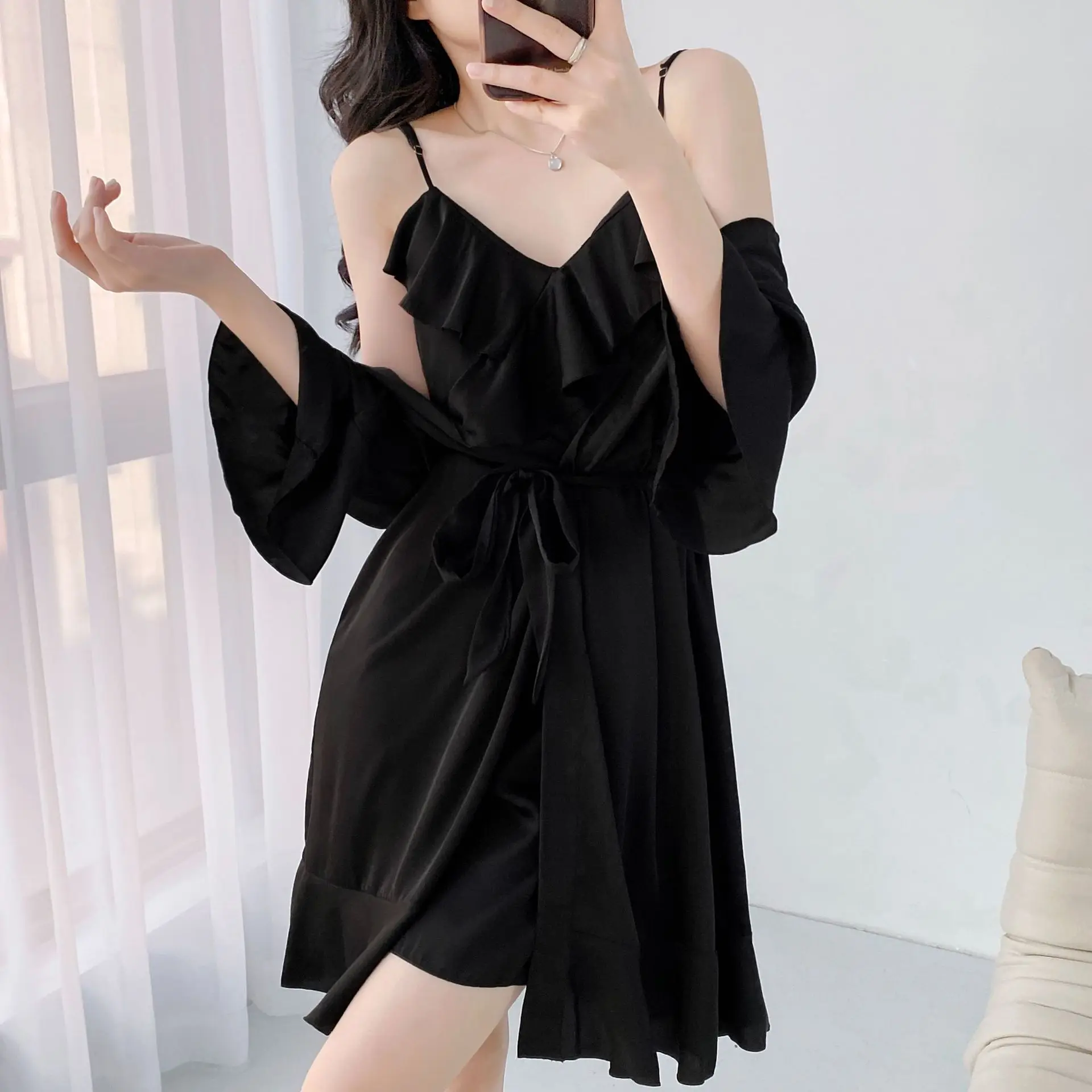 Women Underwear 2 Piece Sets Solid Color Satin Lace Bathrobe Ruffles Deep V Backless Nightdress Casual Sexy Sleepwear Women