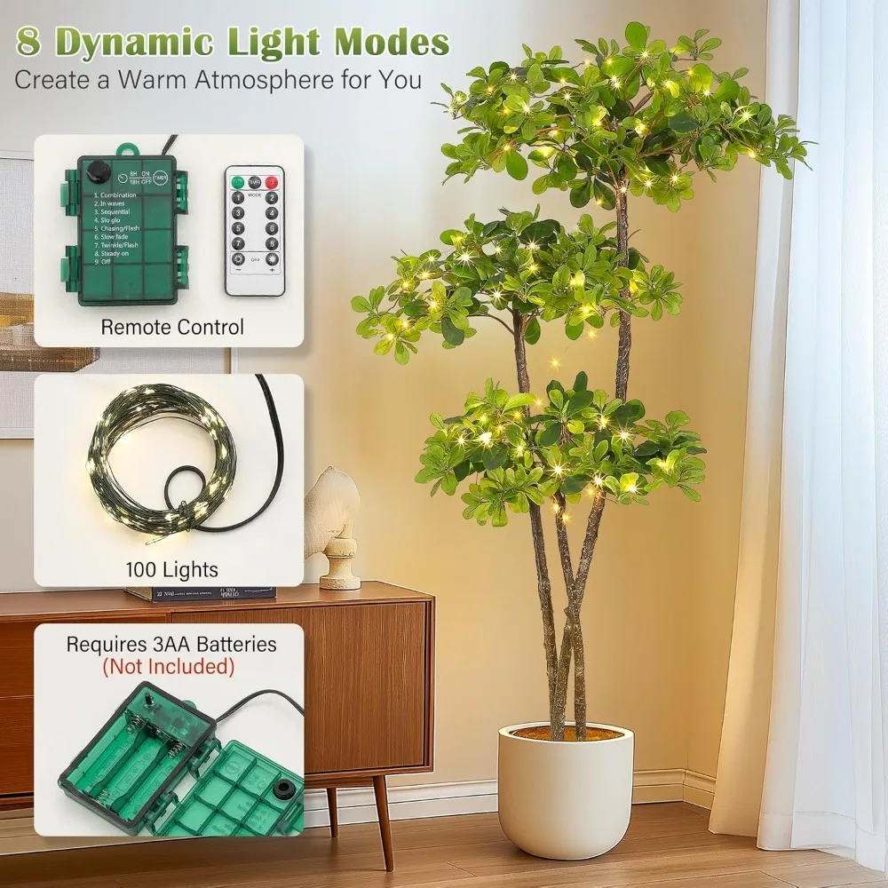 Oliveite preto artificial de 6 pés de altura com 100 luzes LED para uso interno em pote de plástico