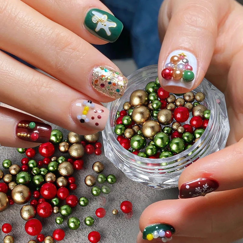 Christmas Colorful Pearl Nail Charms Resin Red Green Auroras Glass Flakes Metal Nail Art Decoration DIY Design Manicure Accessor