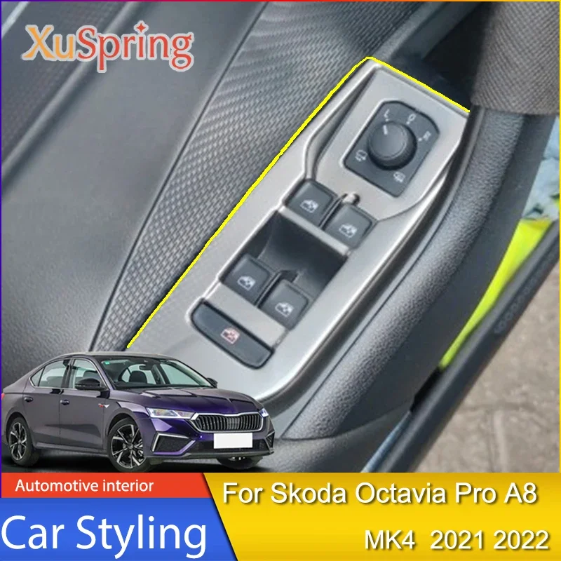 For Skoda Octavia PRO A8 2021 Mk4  KF LHD Car Gear Shift Box + Window Switch Panel Cover Sticker Trim Strip Garnish Styling