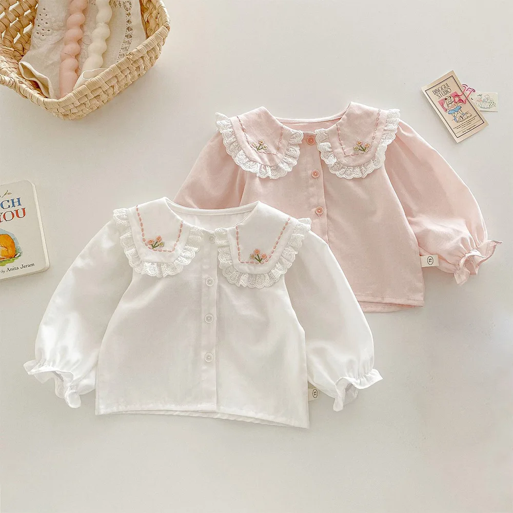 

Girls T Shirt Cotton Toddler Long Sleeve Tops And Blouses Spring Peter Pan Collar Flower Embroidery Birthday Children Clothing