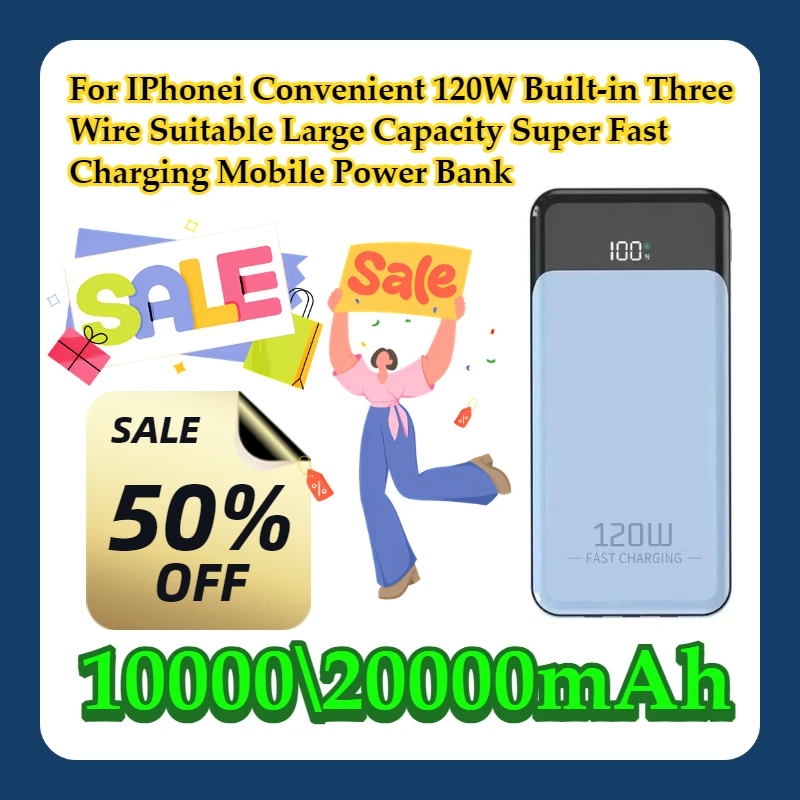 For IPhonei 20000mAh Convenient 120W Built-in Three Wire Suitable Large Capacity Super Fast Charging Mobile Power Bank