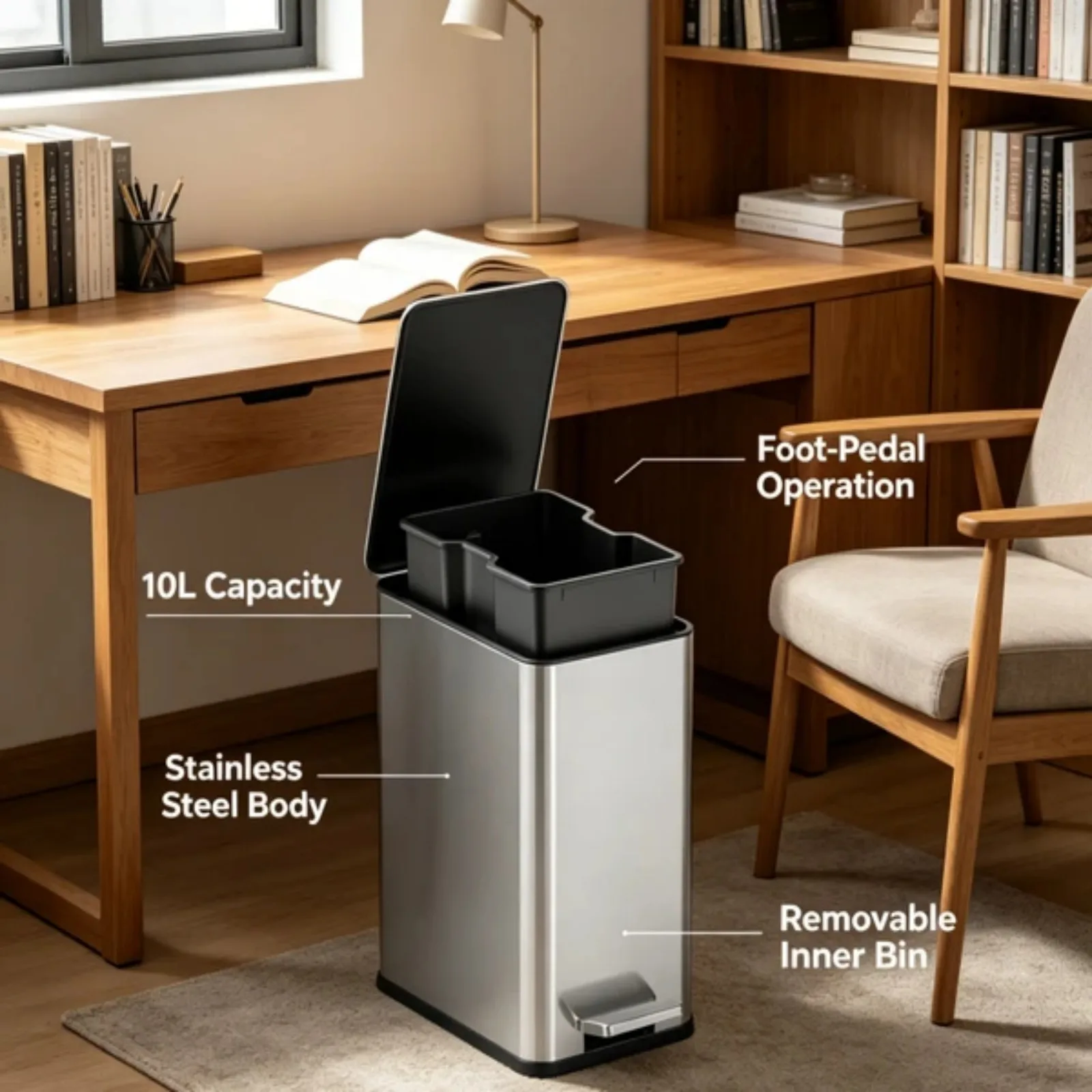 10L -50LStainless Steel Step Trash Can with Dual Compartment, Hands-Free Pedal Garbage Bin, Slow Close Lid Waste Container with Removable Inner Bucket for Kitchen Bathroom Home Office Indoor Use