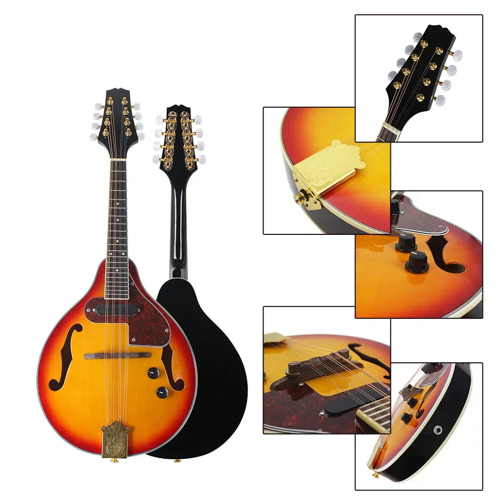 Western-Mandoline mit acht Saiten, Sonnenuntergang, Farbfichte, elektrisch-akustische Mandoline mit Ahornholz-Rückseite/Seite und Ebenholzgriffbrett