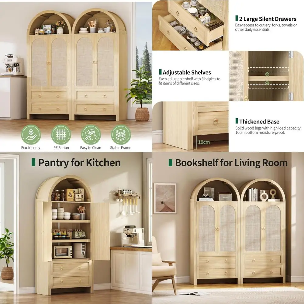 

71 Arched Kitchen Pantry with Rattan Doors, Adjustable Shelf Storage Cabinet, Tall Arched Bookcase for Dining or Kitchen, Natura