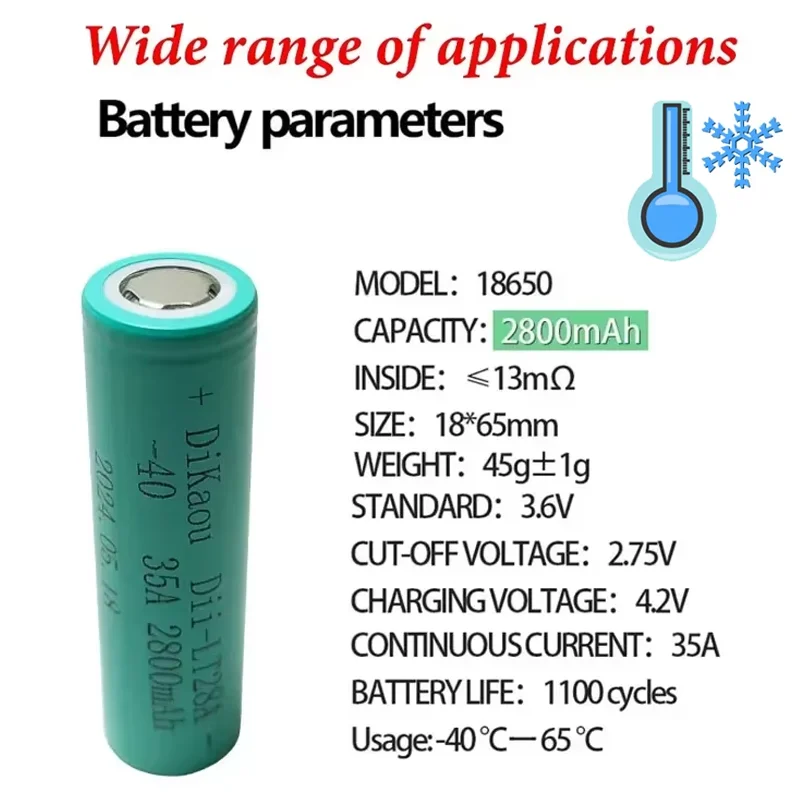 3.7V 2800mah 18650 Battery Lii-LT28A 35A Rechargeable Cells  -40°C Low Temperature Batteries for Driving Recorder Speaker