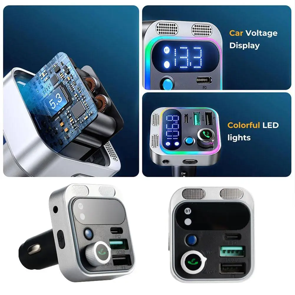 Bluetooth 5.2 FM Transmitter For Car Stronger Dual Mics Deep Bass Sound 48W PD QC3.0 Car Charger Bluetooth Adapter