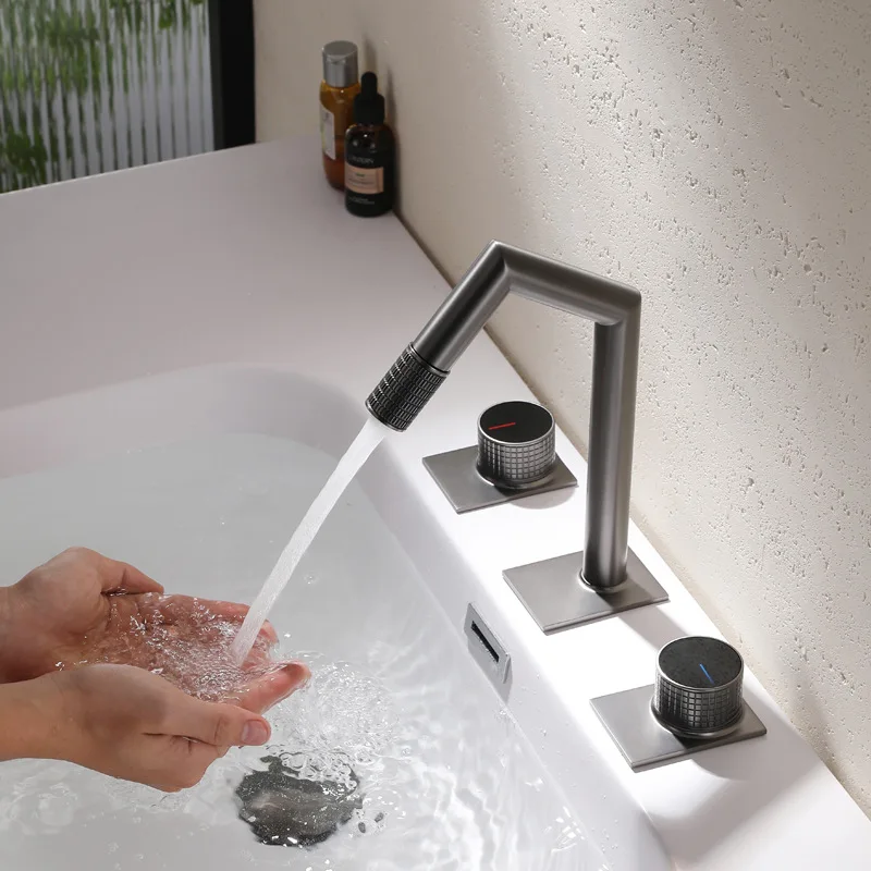 Triple Hole Basin Faucet Thickened Brass Bathroom Sink Faucet Gun Grey Two Handle Three Piece Set