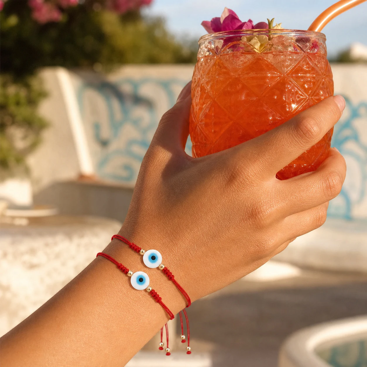 2pcs Adjustable Red Cotton Rope Evil Eye Charm Bracelet with Copper Beads Boho Tie String Bracelet for Women Men