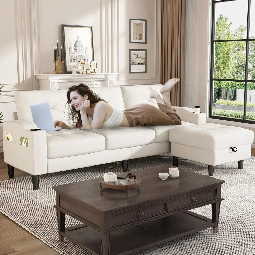 for Convertible Sectional Sofa, 3-Seat Linen Convertible Sectional, Beige with Storage Ottoman, L-Shape Sofa