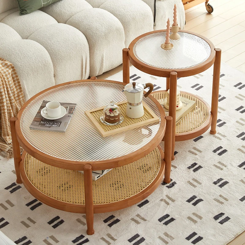 Mesa de café tecida Rattan de madeira maciça, Mesa lateral da sala de estar, Mesa de vidro redonda japonesa