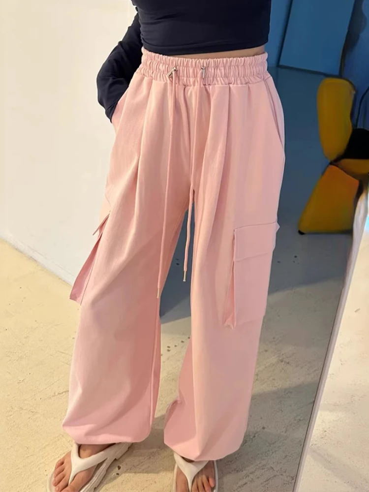 

Y2k Korean Casual New Wide Leg Pants Women Summer Strappy High Waist Loose Capris Female Chic Pocket Solid High Street Trousures