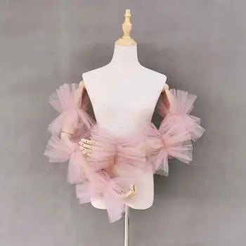 パフスリーブとストラップレスチュールのウェディングドレス,パーティーアクセサリー,レトロコート,伸縮性のある1組の開口部スリーブ