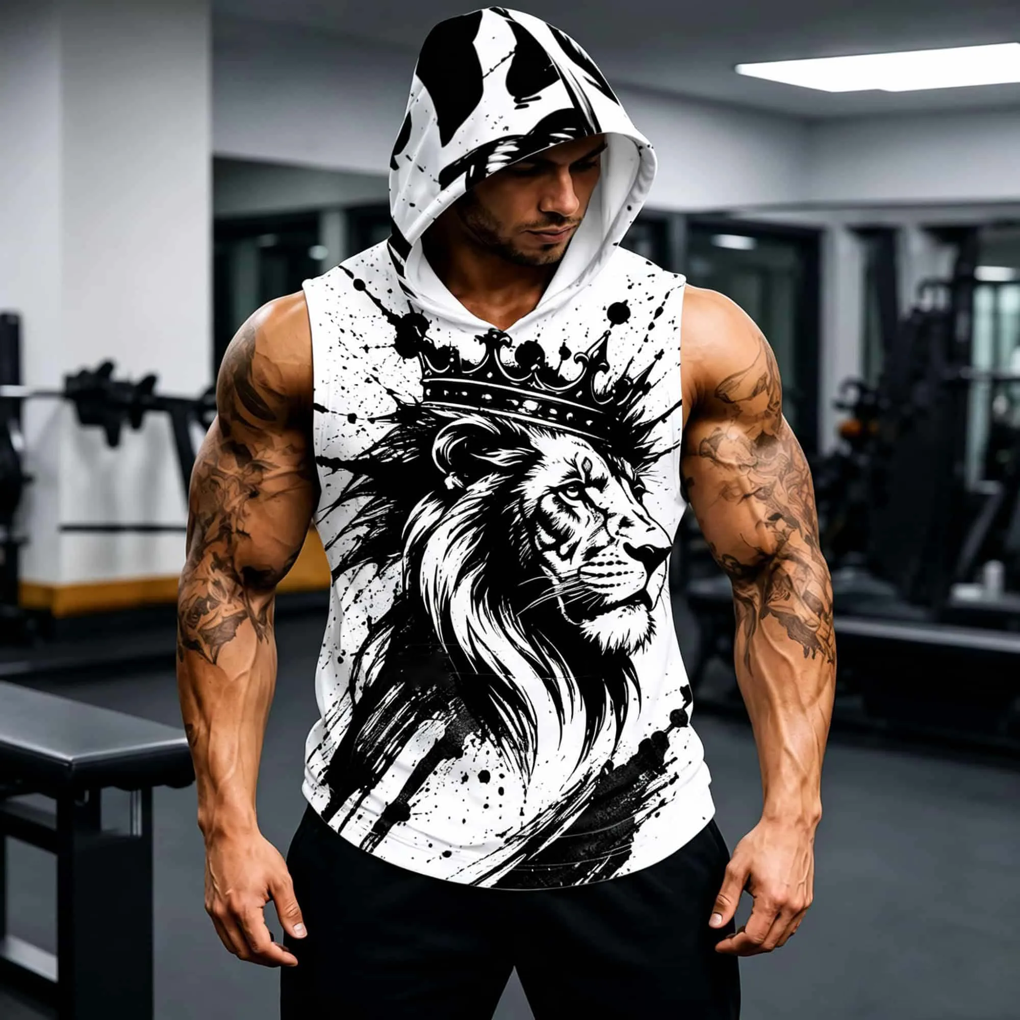 Vintage Black Ink Splatter Lion Men Hooded Sleeveless Muscle Tank Top Lightweight Casual Gym Daily Urban Hip Athletic Vest
