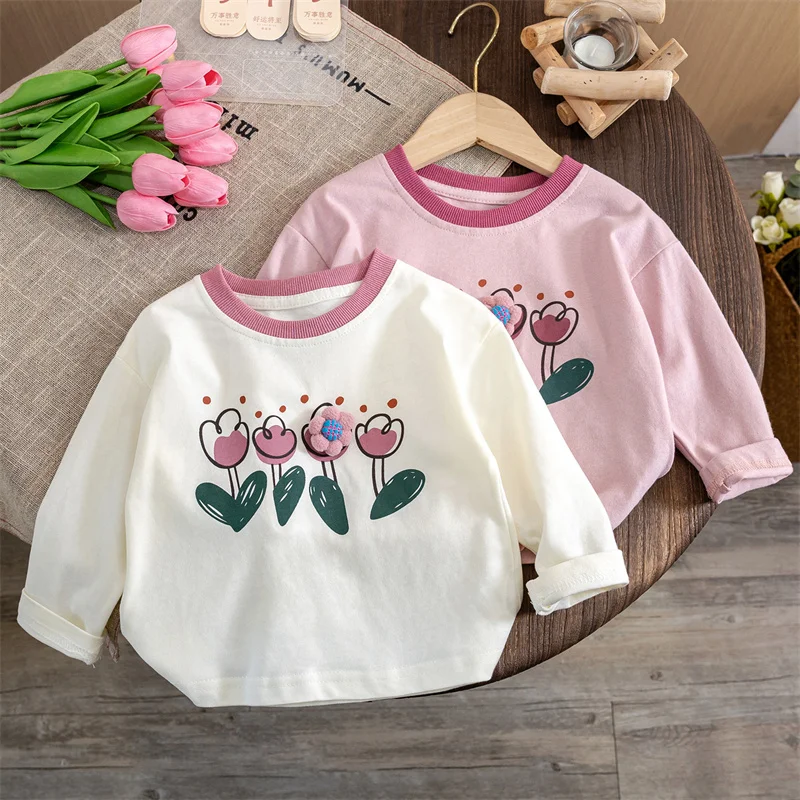 Girls T-shirts Print Flower Tops for Kids Long Sleeve Children Blouese 2023 Autumn Winter Baby Tees Toddler Outfits Clothing