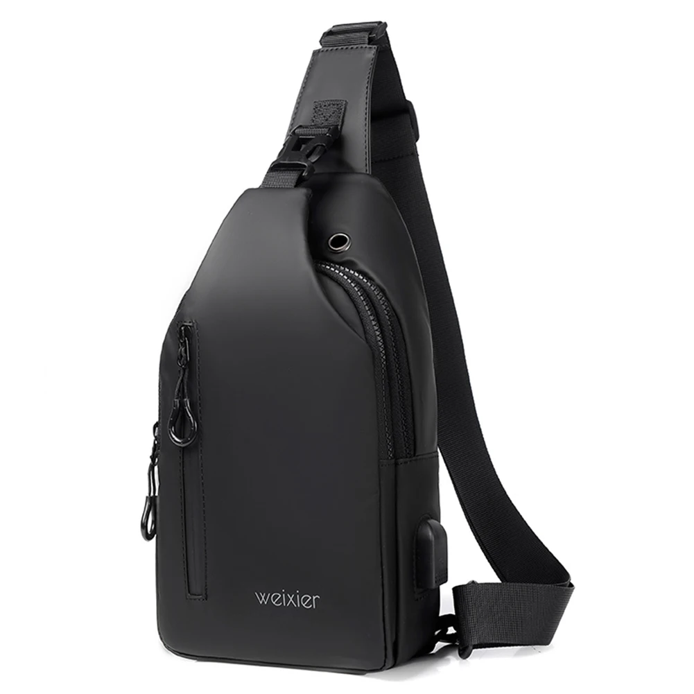 Mochila de pecho Oxford para hombre, puerto de carga USB, bolso cruzado de viaje para ciclismo, color negro