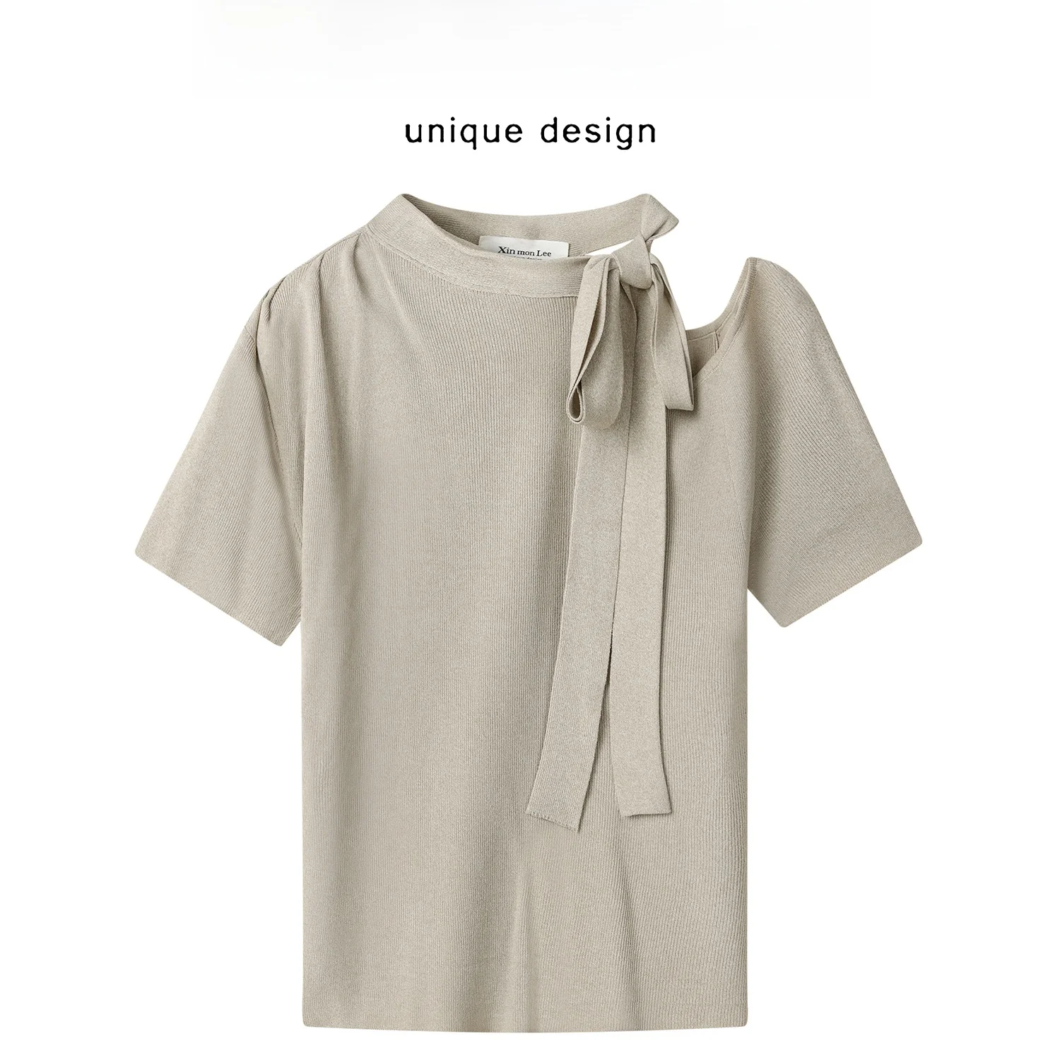 

i Color Knot Tie Knitted Top Summer ort Sve Asymmetrical oulder Slimming Sweet And Spicy Women's T-irt