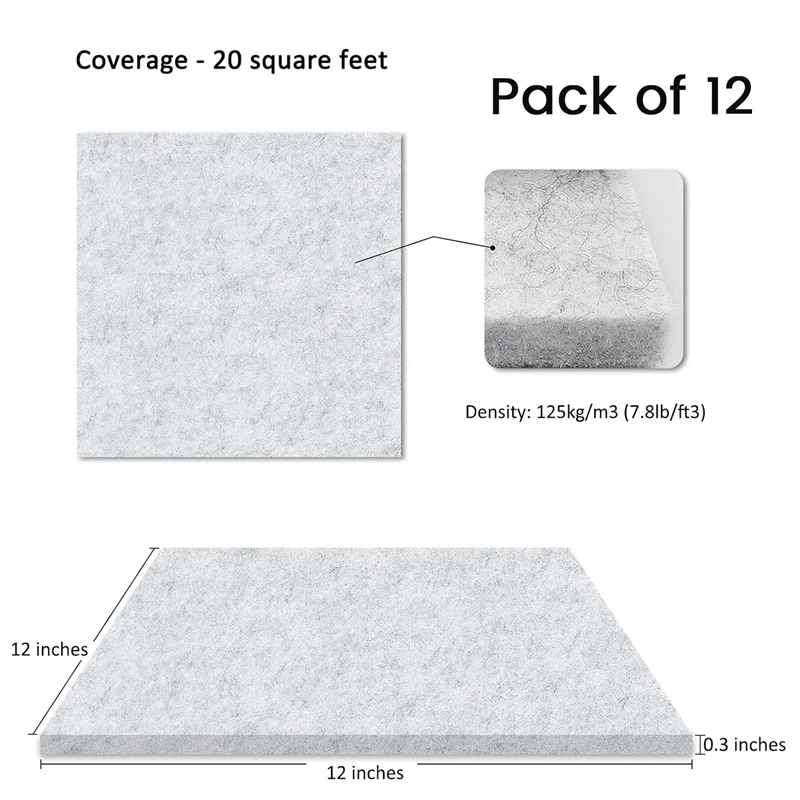 Confezione da 12 pannelli acustici, pannelli fonoassorbenti per pareti e soffitti 12X12X0.3 pollici, per la casa, Studio di registrazione facile installazione