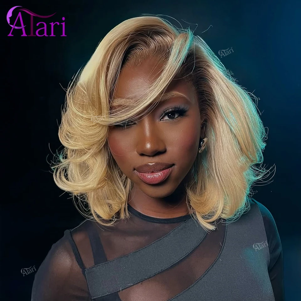 

Transparent 13X4 Lace Frontal Bob 180 Density Human Hair Wig Ombre Light Brown Blonde 613 Short Bob Wig Brazilian Bouncy WavyWig