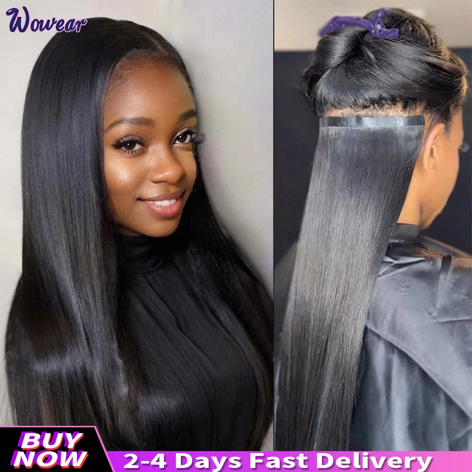 

Wowear 24-дюймовые прямые парики фронта шнурка, человеческие волосы, лента для наращивания волос, человеческие волосы, 20 шт., 50 г, натуральный черный парик, бразильские волосы