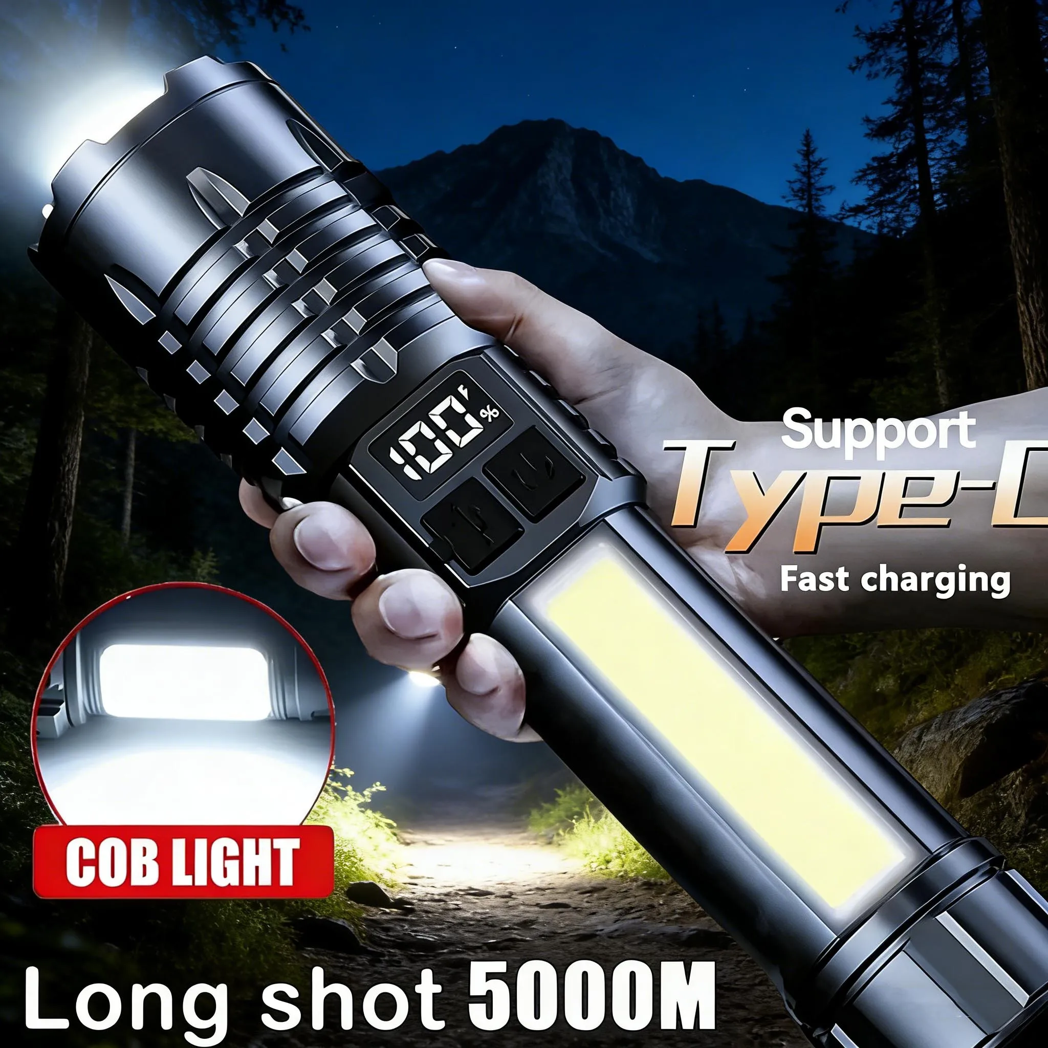 Hochleistungs-LED-Taschenlampe, leistungsstarke, wiederaufladbare TYPE-C-Taschenlampe mit COB-Technologie und Seitenlicht für Outdoor-Camping und Wandern.