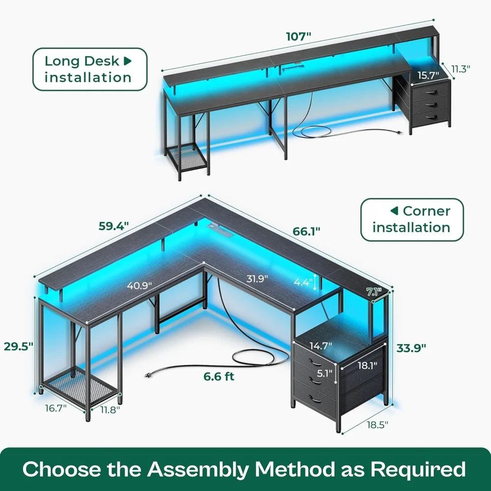L Shaped Gaming Desk with LED Lights and Power Outlets, Computer Desk with 3 Drawers, 66.1 Inches Corner Desk