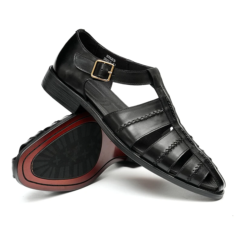 Retro Sandals Men's Genuine Leather Cowhide Buckle Hollow Formal Business Work Casual Footwear Scalp Sandals for Men Holiday
