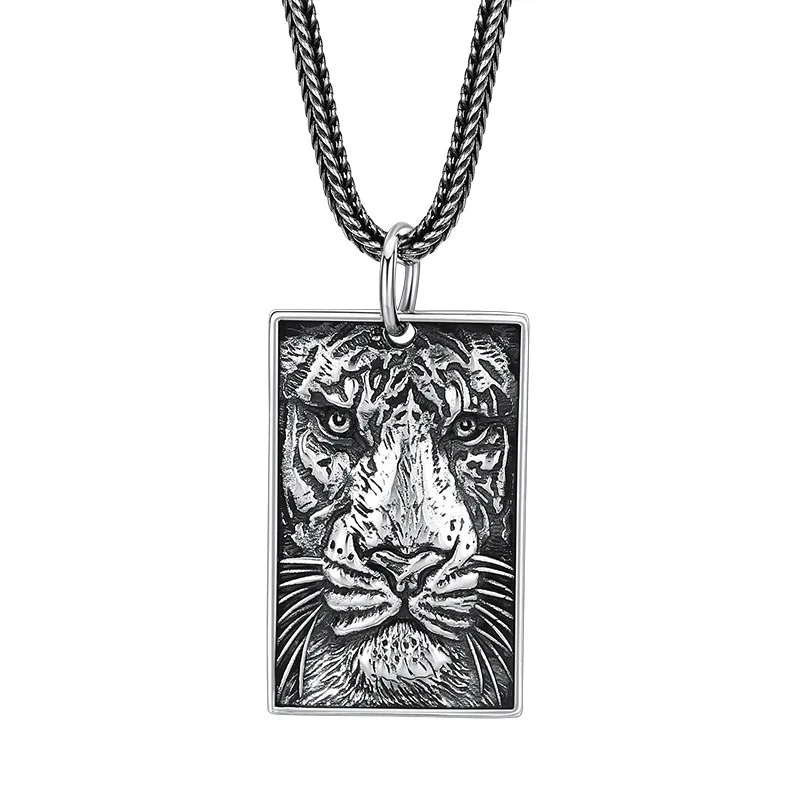 

Antique Oxidized Silver Tiger Head Charm Pendant Necklace Men's 925 Sterling