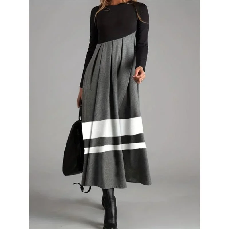 Classic Striped Colorblocking Dress Women Long Sleeve O Neck Black White Gray maxi Dresses Lady Autumn Winter A line Dress Robe