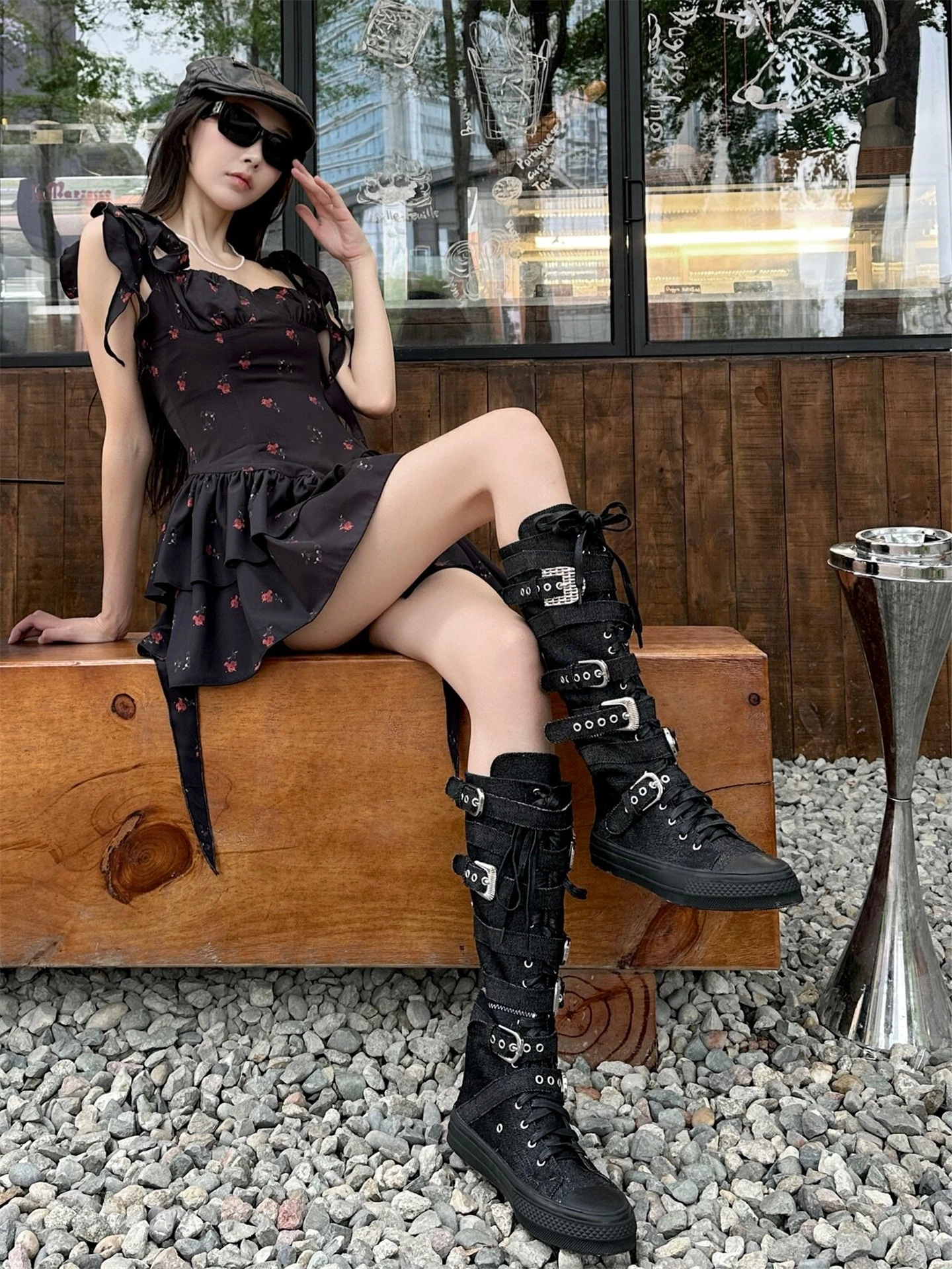 Cool Fashion Boots High Tube Canvas Women's Style Low Heel Biker Wind Zipper High Tube Boot Metal Buckle round Head Rubber Sole