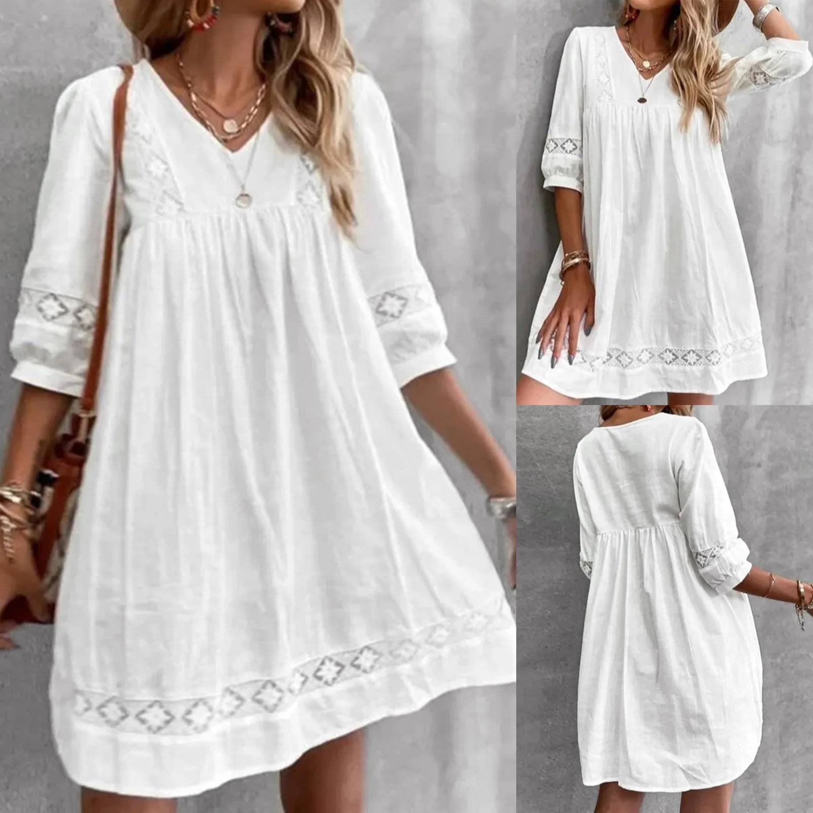 Boho Sundress For Women Casual Summer Lace Dress V Neck Half Sleeve Beach Dress Swing Dress Fashion Loose White Midi Dress