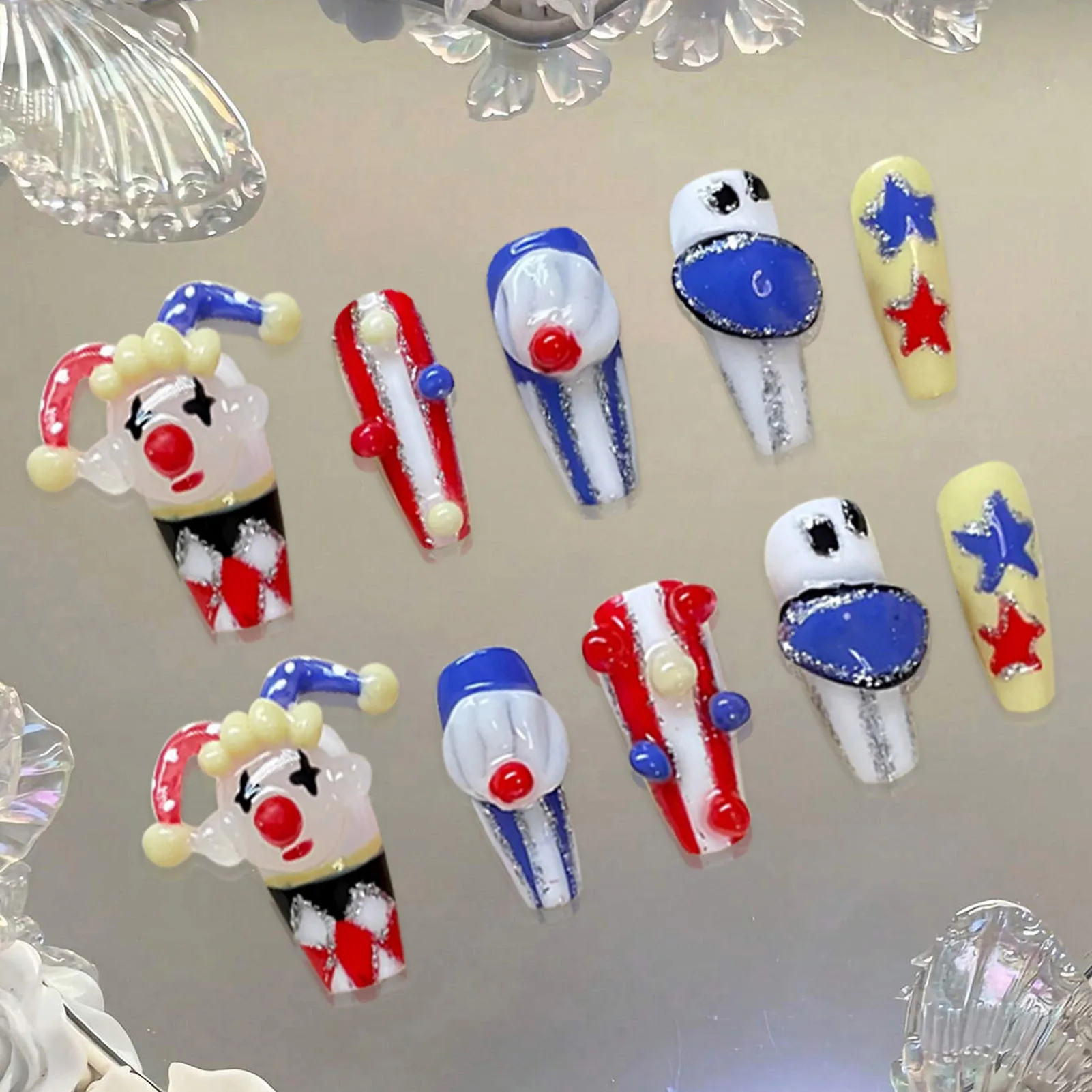 Uñas postizas de payaso 3D hechas a mano, decoración de estrellas, parches de uñas postizas largas, Ballet, desmontables, 10 piezas