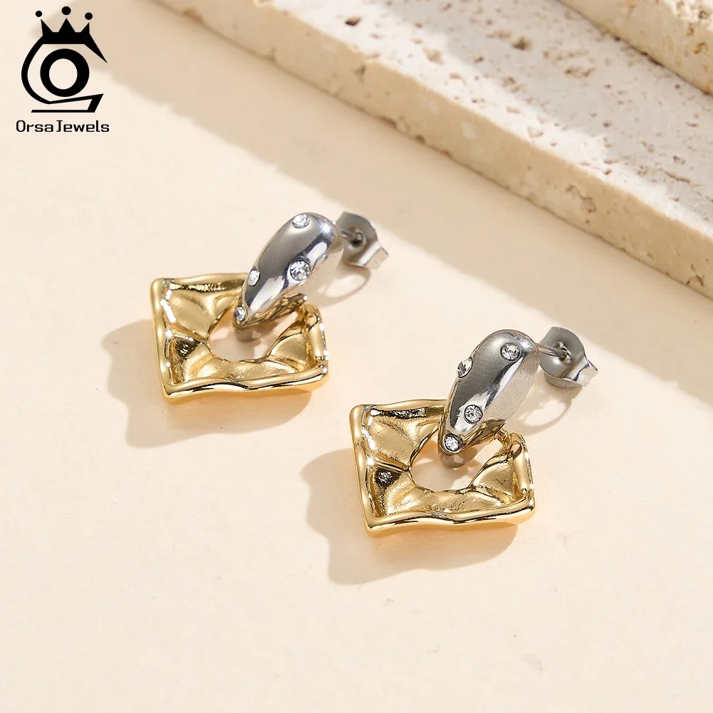 

ORSA JEWELS Stainless Steel Fashion Square Shape Earrings Waterproof Zircon Earrings Wedding Party Daily Jewelry STKE21