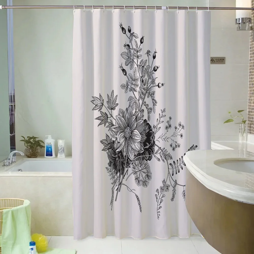 Black and White Flower Shower Curtains for Bathroom Accessories Set Bath Curtain Folding Partition Bedrooms Things the Sets Full