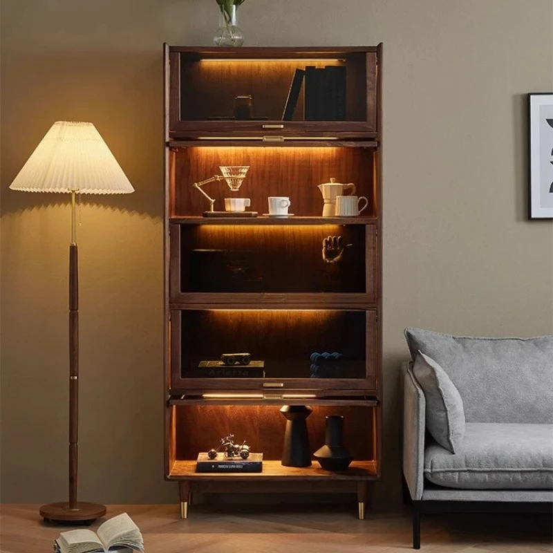 

Nordic all solid wood black walnut with glass door living room display wall locker