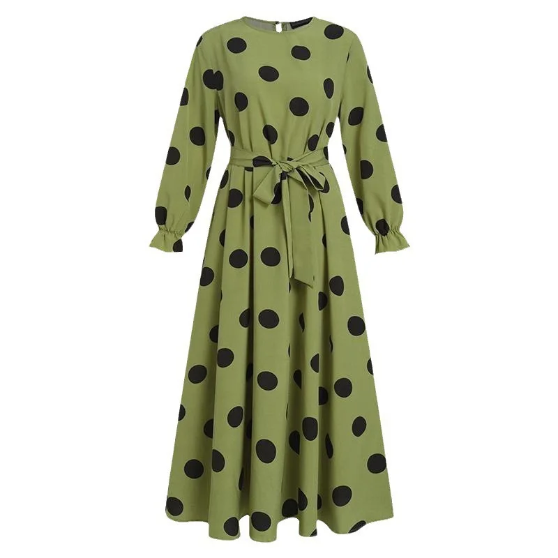 Muslim printed polka-dot long-sleeved loose swing dress woman