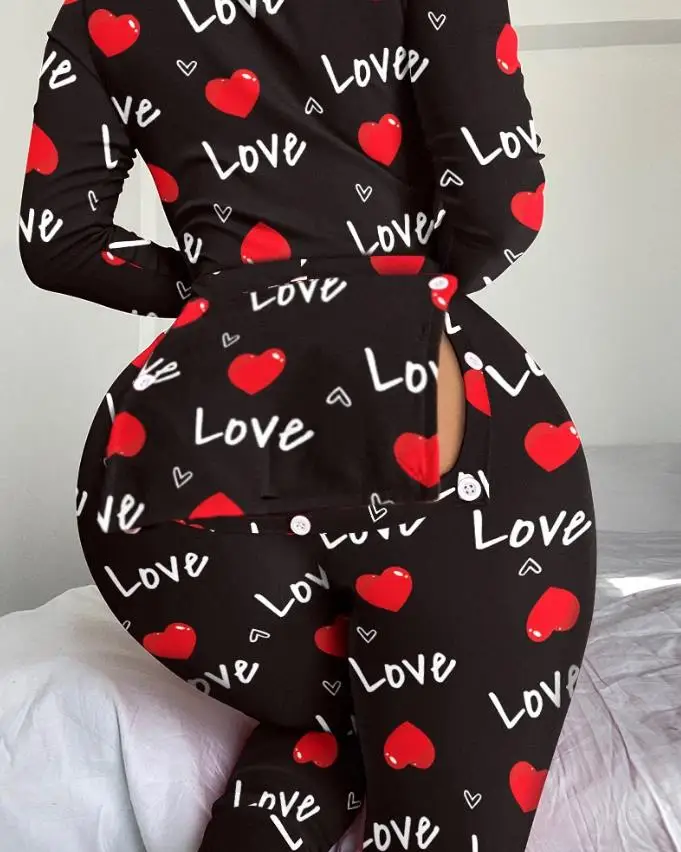 Women's Long Sleeved Home Clothes with Heart Printed Tight Comfortable Heart Letter Print Functional Buckle Sleeping Jumpsuit