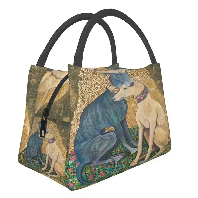 

Custom Gustav Klimt Greyhound Dog Art Lunch Bags Men Women Thermal Cooler Insulated Lunch Boxes for Work Pinic or Travel
