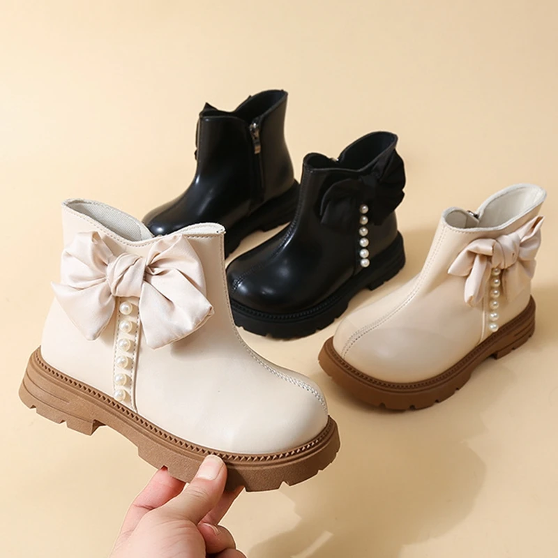 Girls Bow & Pearl Decor Ankle Boots Autumn Side Zipper Booties PU Leather Non-Slip Rubber Sole Boots for Toddler & Little Girls