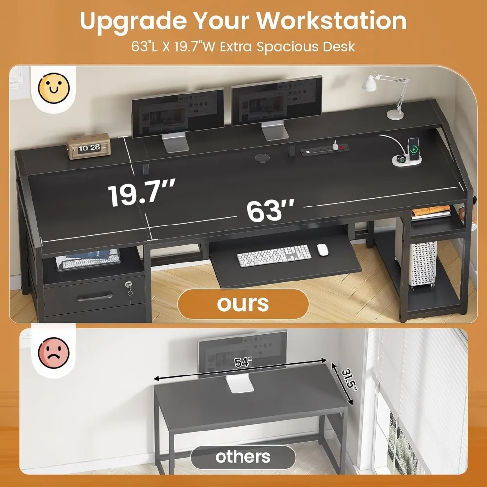 63 Computer Desk, Office Desk with Lockable Drawers for Legal/Letter File, Gaming Desk with LED Lights & Power Outlet, Ho