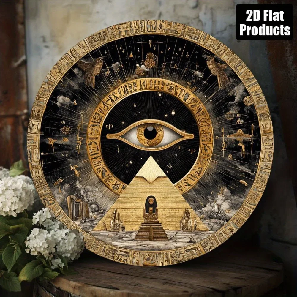 Mystic Egyptian Pyramid All‑Seeing Eye Round Metal Tin Sign,Retro Aluminum Wall Plaque Decor Home Bedroom Living Room Wall Art