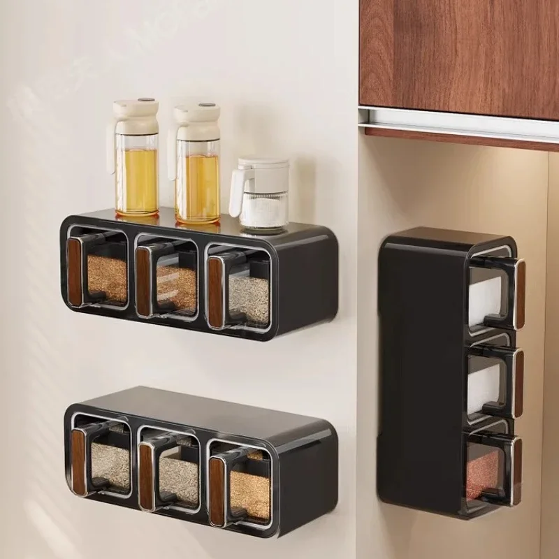 Kitchen Spice Rack Wall-Mounted Household Seasoning Storage Box Sealed Jars Condiment Salt Shaker Holder