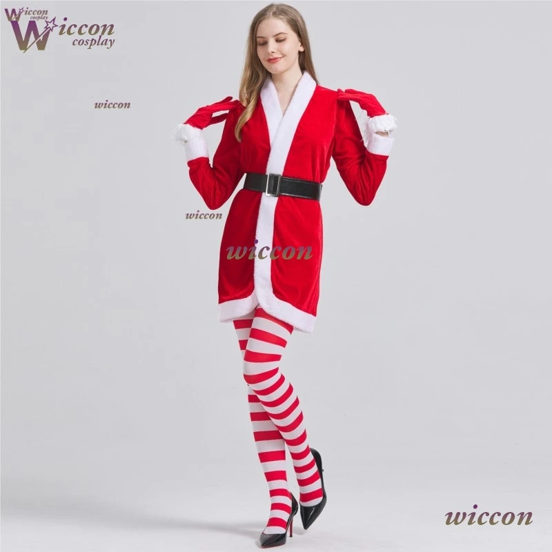 

Women Party New year Clothing Christmas Costume Red Velvet Coat Stocking Belt Fullset Festival Stage Uniform Retro Santa Style