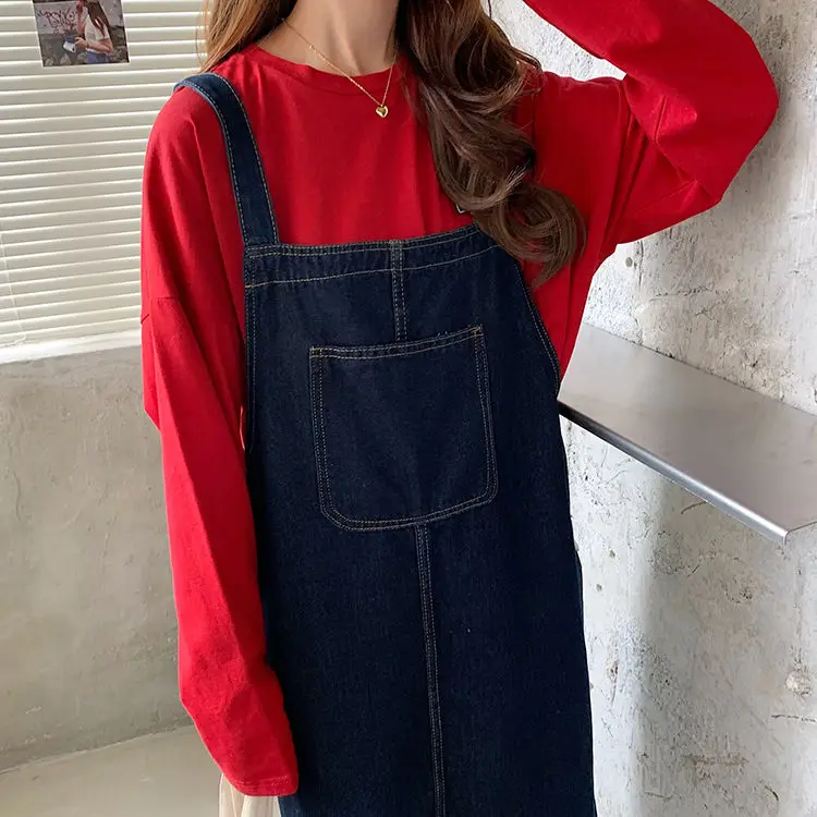 Vintage Preppy Style Suspender Skirt Women Front Pocket Design A-Line Denim Overalls Loose Long Midi Skirt 2024